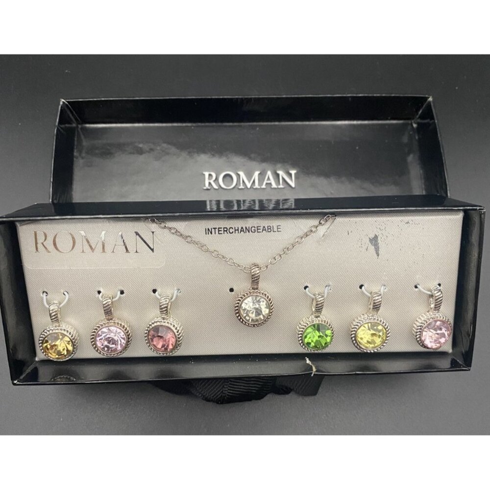 Vtg Roman RMN Necklace Interchangeable 7 Pendant Green Purple Yellow Pink Box - Picture 2 of 13